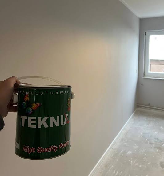 Verfblik van Teknix in een kamer met net geschilderde wanden en plafond