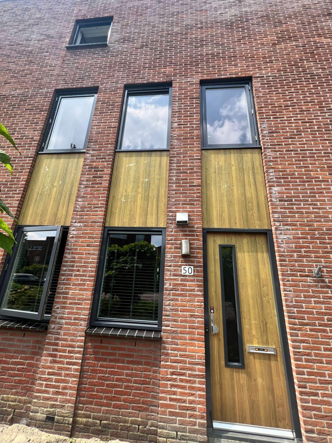 Woning met gele houten voordeur en geveldelen en donker geschilderde kozijnen
