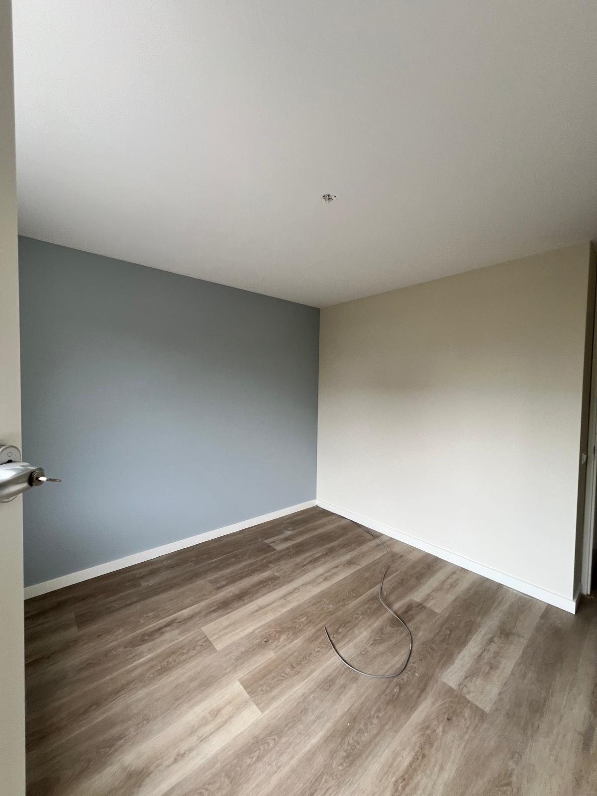 Kamer met strak geschilderde muur in een grijze tint, wit plafond en witte plinten